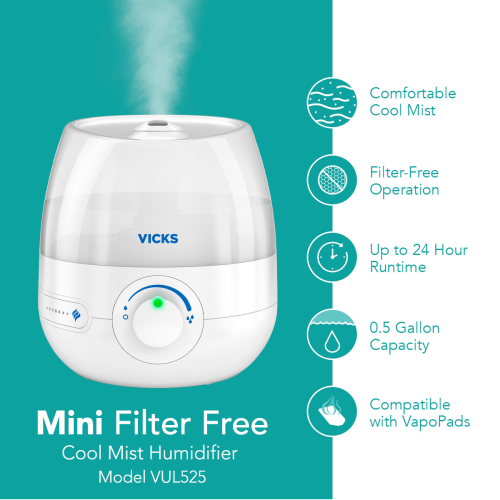 Mini humidificateur ultrasonique à vapeur froide sans filtre VUL525C Vicks  Maxi confort, mini format